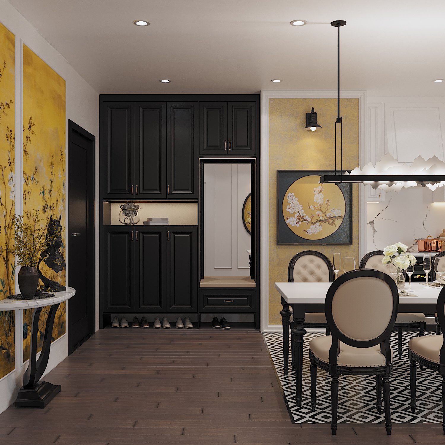 Lối v&agrave;o căn g&oacute;c 3 ph&ograve;ng ngủ được thiết kế gọn đẹp với hệ tủ lưu trữ m&agrave;u đen huyền b&iacute;, chỗ ngồi &ecirc;m &aacute;i, gương soi h&igrave;nh chữ nhật t&iacute;ch hợp th&agrave;nh một khối thống nhất.