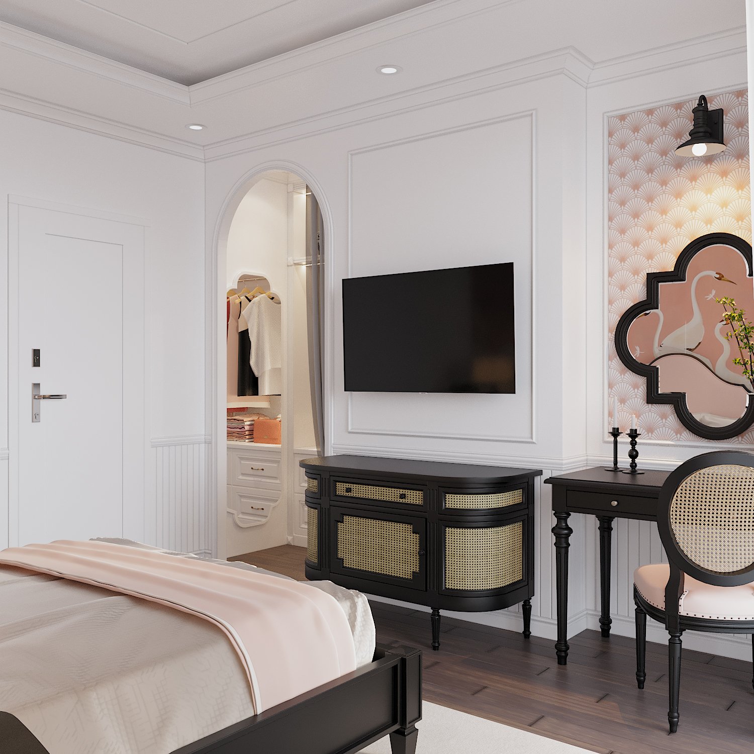 Tủ kệ tivi, b&agrave;n trang điểm được bố tr&iacute; gọn xinh ở bức tường đối diện ch&acirc;n giường.