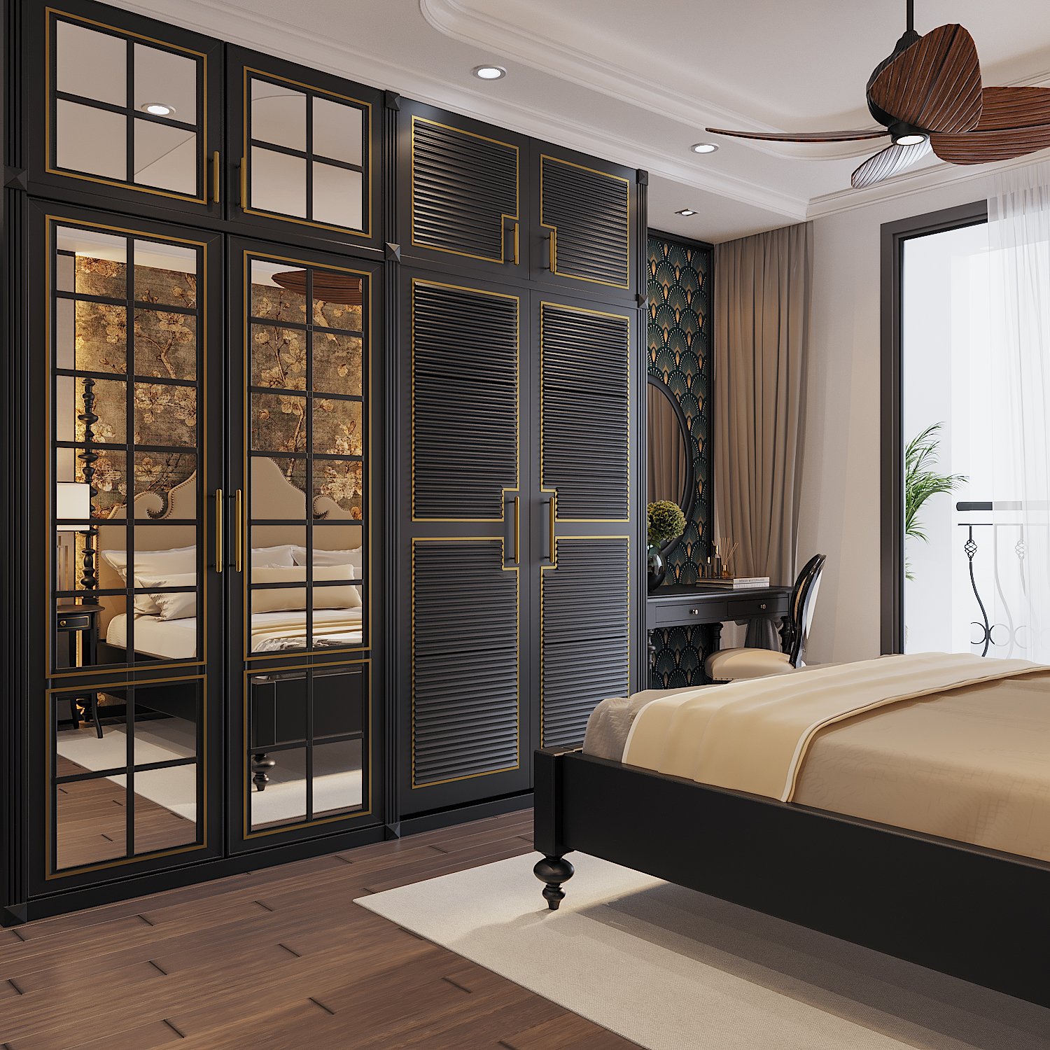 Hệ tủ quần &aacute;o đối diện ch&acirc;n giường với một nửa l&agrave; cửa gương độc đ&aacute;o, vừa gi&uacute;p h&uacute;t s&aacute;ng tự nhi&ecirc;n, vừa tạo cảm gi&aacute;c rộng tho&aacute;ng hơn cho căn ph&ograve;ng.