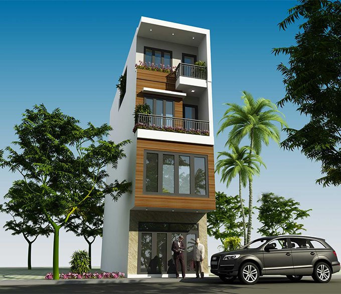 Phối cảnh 3D mẫu nhà ống 4 tầng phong cách hiện đại