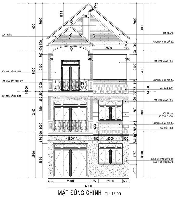 mặt đứng nhà phố ba tầng mái Thái