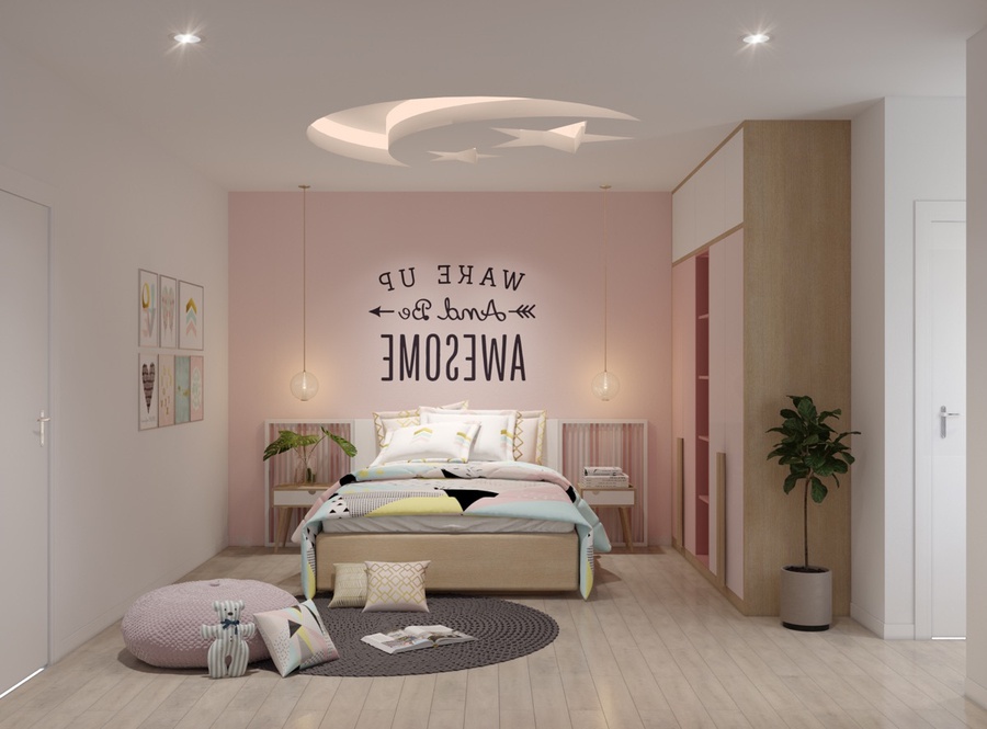 Ph&ograve;ng ngủ của c&ocirc; con g&aacute;i được b&agrave;i tr&iacute; với t&ocirc;ng m&agrave;u trắng chủ đạo, bức tường m&agrave;u hồng pastel tạo điểm nhấn tinh tế đầu giường.