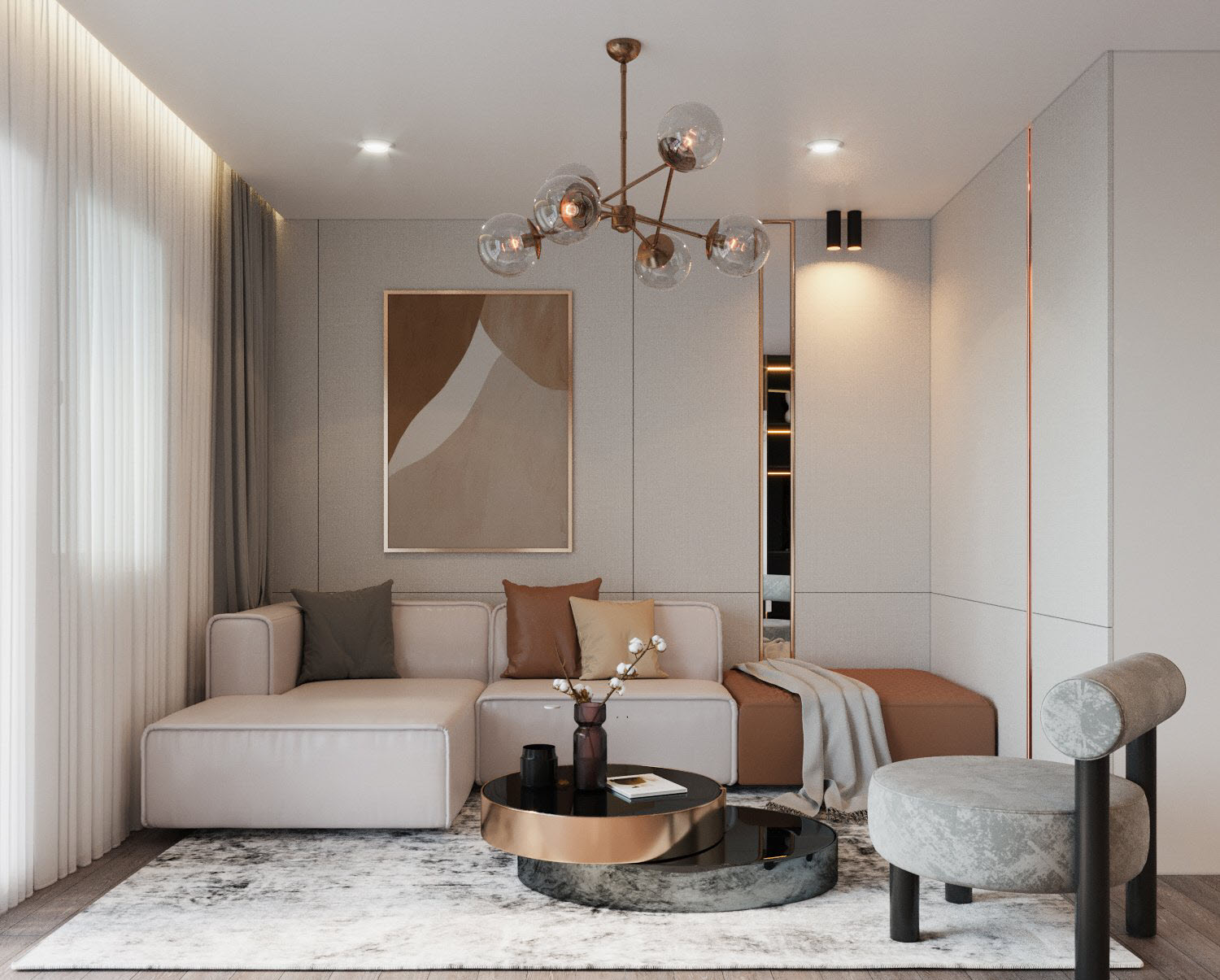 Không gian phòng khách sang trọng và ấm áp, được định vị bởi bộ ghế sofa màu trắng ngà thanh lịch phối sắc nâu thân thiện, bàn trà độc đáo đặt gọn gàng trên thảm trải.
