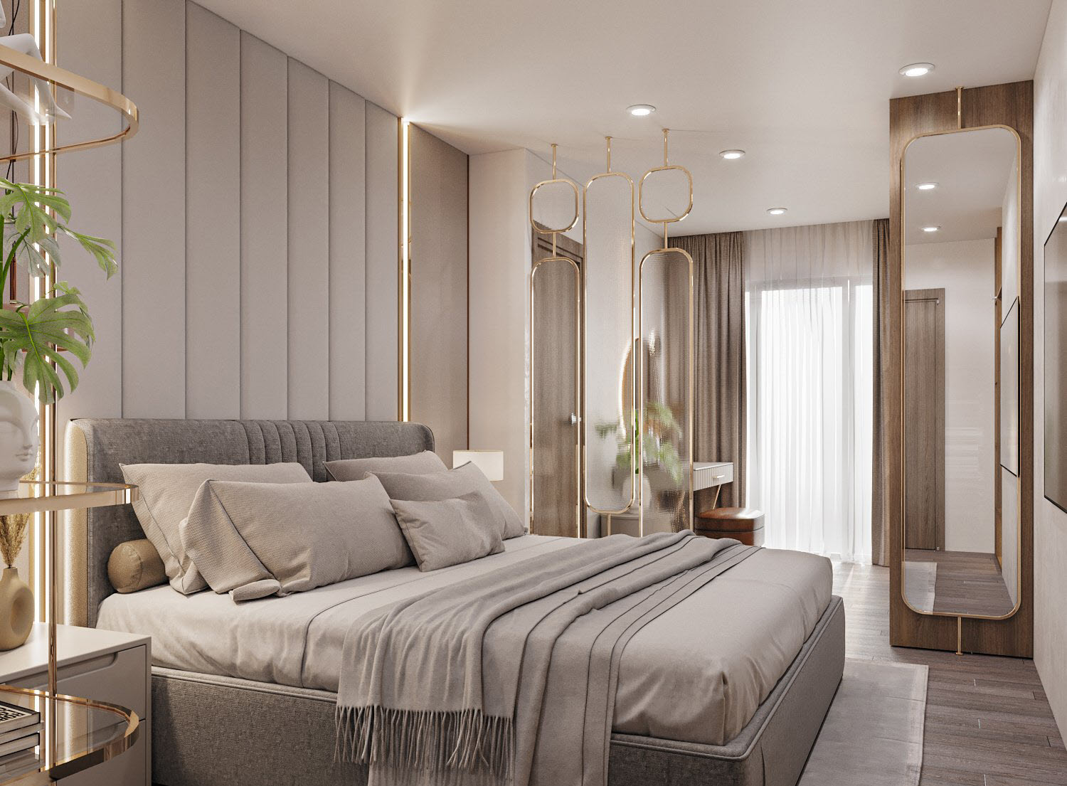 Với cửa k&iacute;nh cao rộng mở ra ban c&ocirc;ng ri&ecirc;ng, ph&ograve;ng ngủ c&oacute; thể đ&oacute;n được &aacute;nh s&aacute;ng tự nhi&ecirc;n tối đa v&agrave;o ban ng&agrave;y. Một tấm gương d&agrave;i h&igrave;nh chữ nhật được bố tr&iacute; kh&eacute;o l&eacute;o.