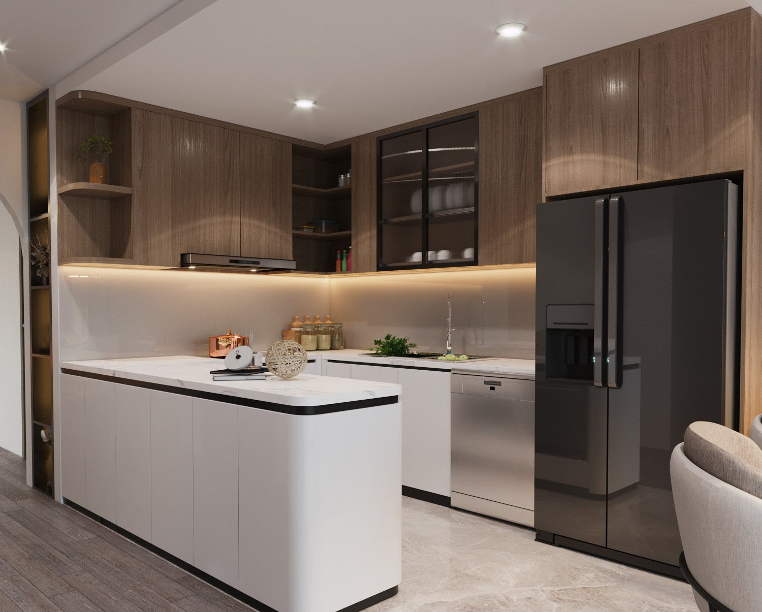 Tủ bếp dưới m&agrave;u trắng thuần khiết, trong khi tủ tr&ecirc;n bằng gỗ mộc mạc gi&uacute;p c&acirc;n bằng bảng m&agrave;u cho c&acirc;n ph&ograve;ng, tạo cảm gi&aacute;c ấm c&uacute;ng, gần gũi.
