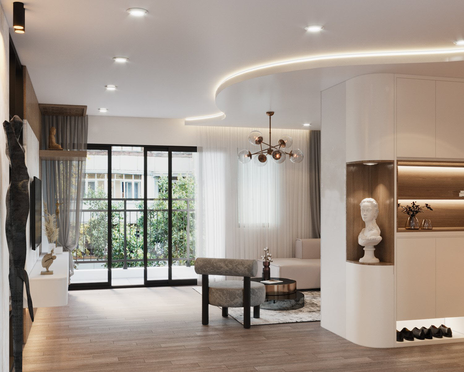 Lối vào dẫn tới phòng khách rộng rãi, ngập tràn ánh sáng tự nhiên với khung cửa kính cao rộng mở ra ban công riêng thoáng đãng.