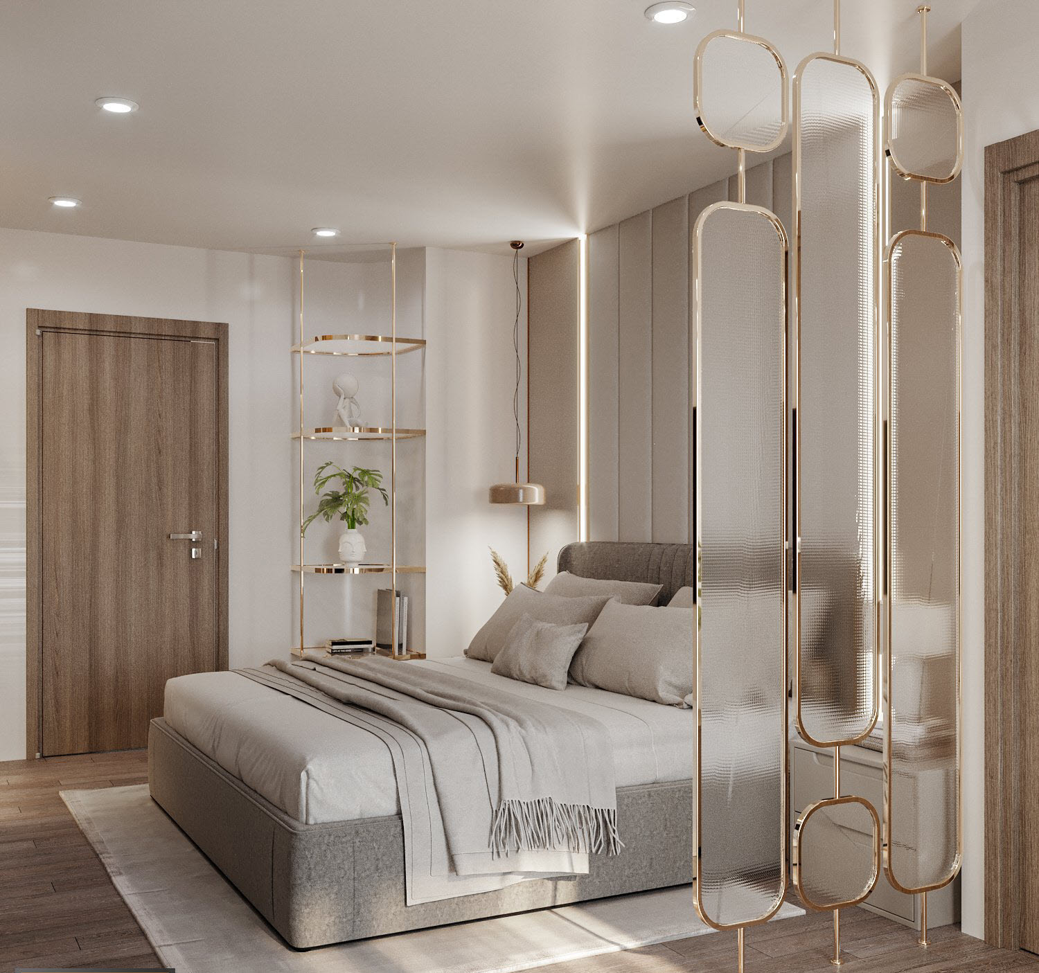 Nội thất phòng ngủ thuộc loại cao cấp với bảng màu trung tính thanh lịch thể hiện đẳng cấp cũng như gu thẩm mỹ của chủ sở hữu.
