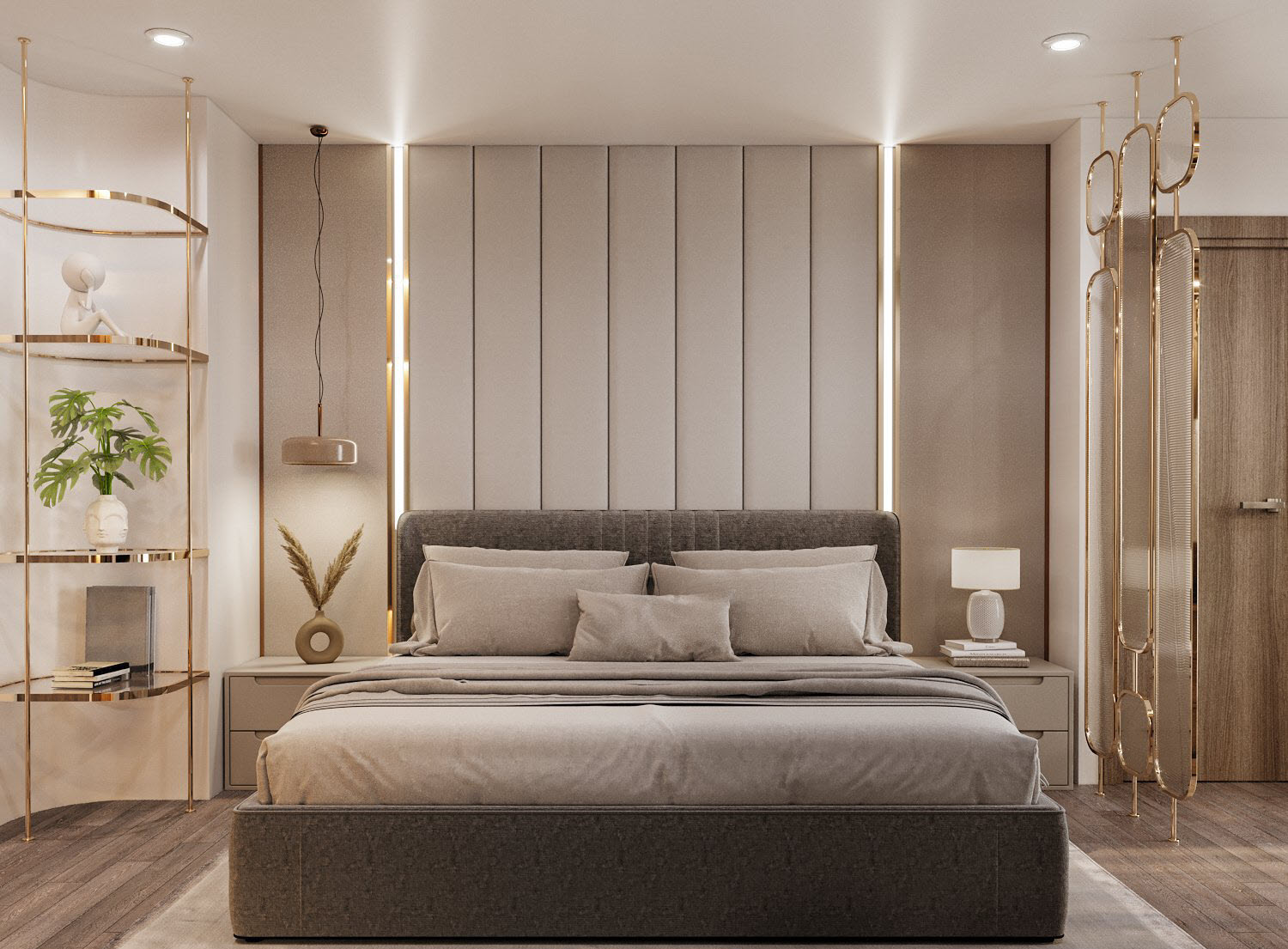 Ph&ograve;ng ngủ master sang chảnh d&agrave;nh cho chủ nh&acirc;n căn hộ 150m2. Gi&aacute; kệ v&agrave; v&aacute;ch ngăn khung kim loại mạ đồng s&aacute;ng b&oacute;ng sang trọng.