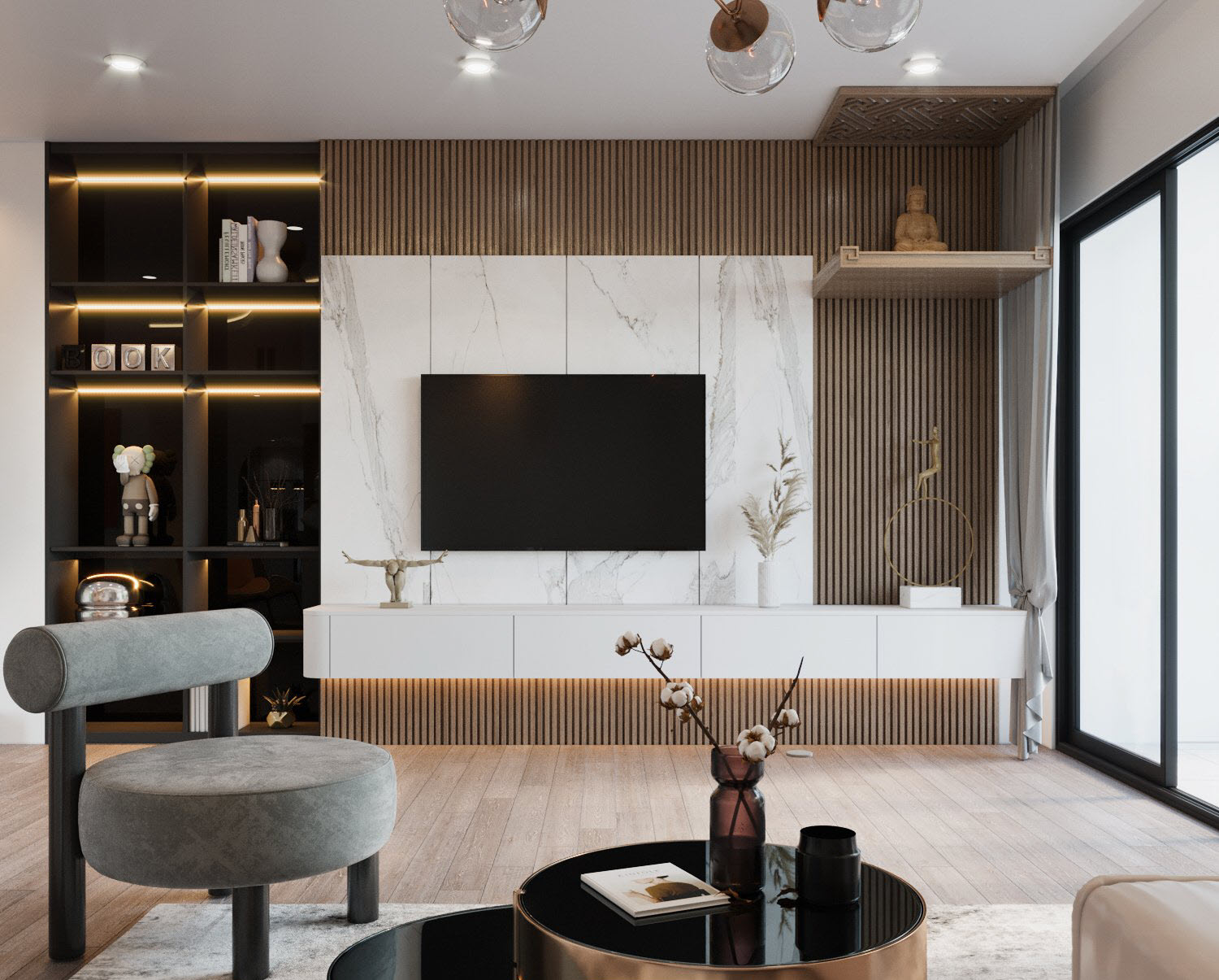 Bức tường treo tivi được decor tinh tế, ốp đá cẩm thạch kết hợp ăn ý cùng lam gỗ.