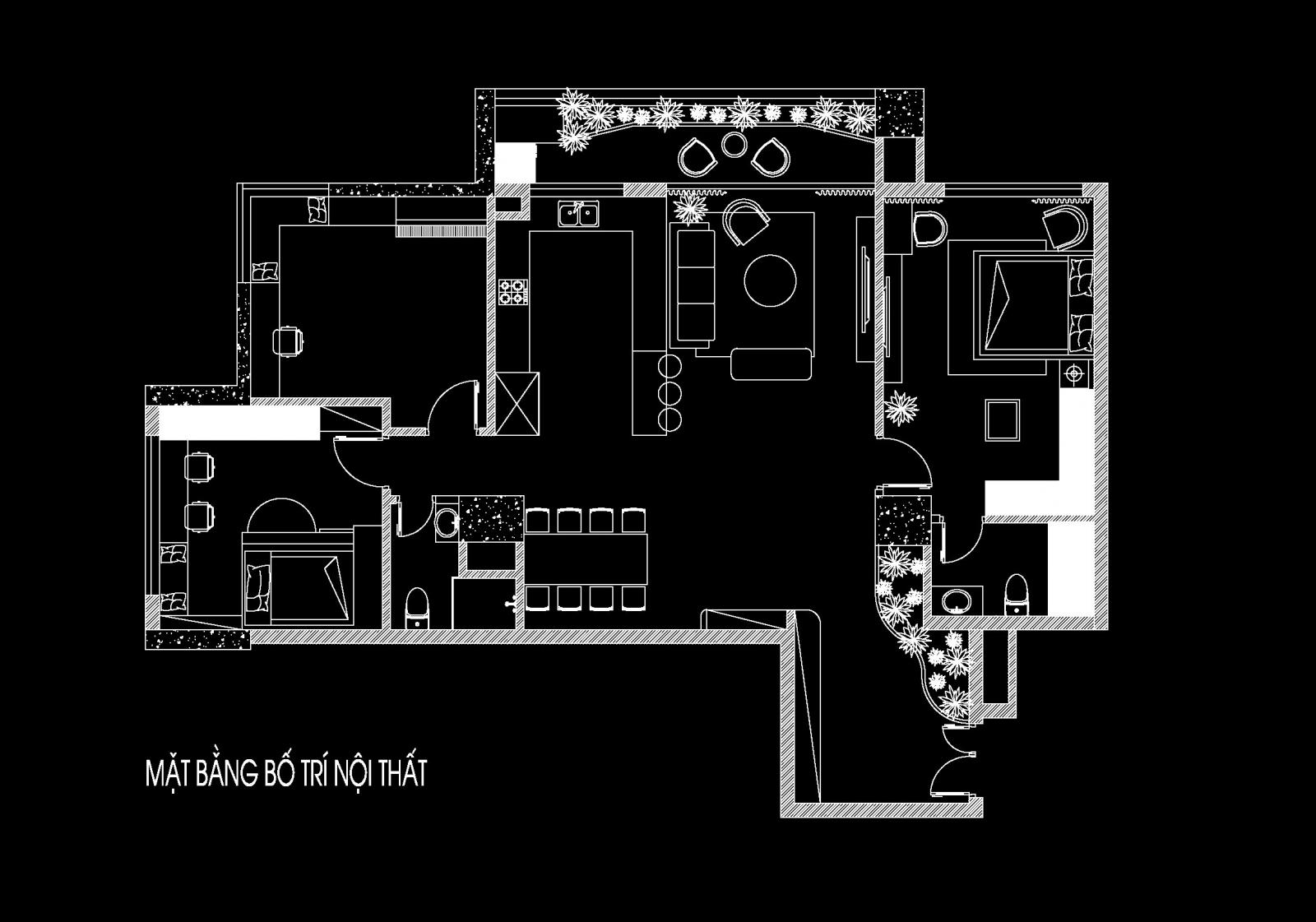 Mặt bằng thiết kế nội thất căn hộ 150m2 đập th&ocirc;ng