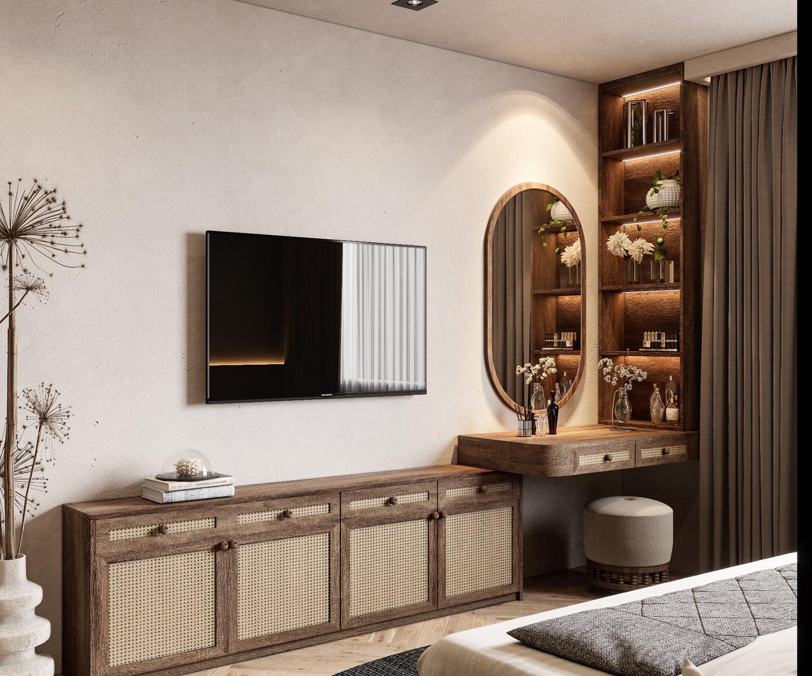 Đ&egrave;n LED được lắp đặt kh&eacute;o l&eacute;o gi&uacute;p l&agrave;m nổi bật g&oacute;c b&agrave;n trang điểm trong ph&ograve;ng ngủ lớn. Nội thất gỗ mộc kết hợp m&acirc;y tre đan thủ c&ocirc;ng gợi nhớ về những ng&ocirc;i nh&agrave; xưa y&ecirc;n b&igrave;nh.