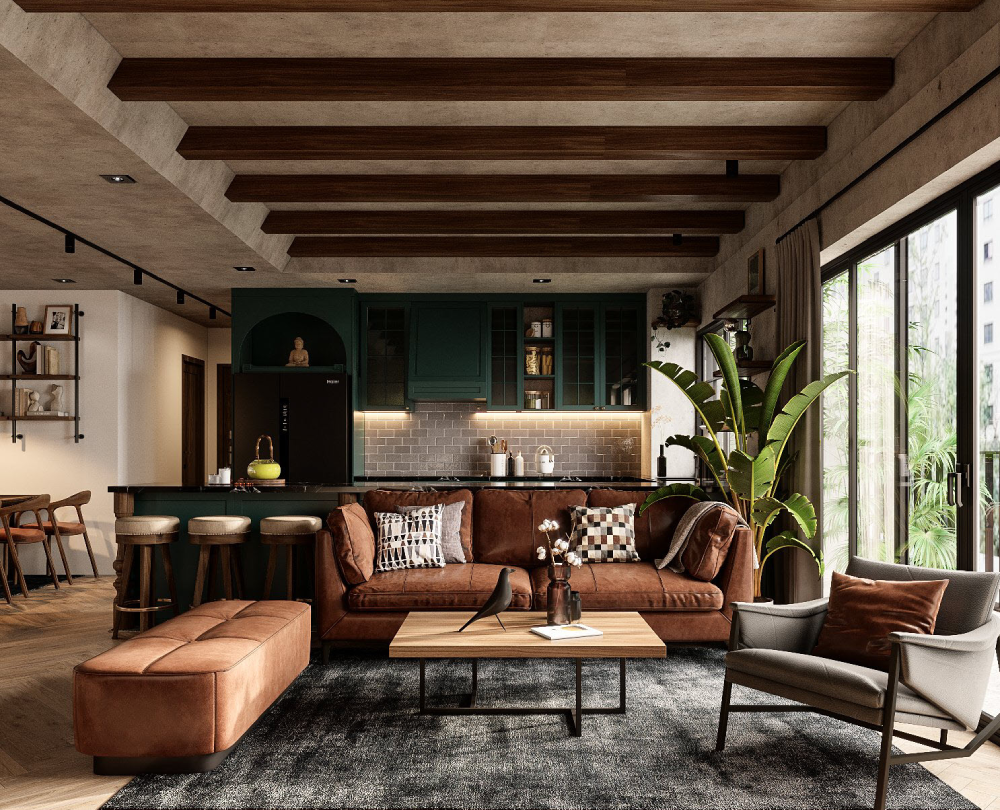 Kh&ocirc;ng gian tiếp kh&aacute;ch đậm chất chiết trung với bộ ghế sofa m&agrave;u n&acirc;u đất ấm &aacute;p, b&agrave;n tr&agrave; gỗ mộc bản đặt tr&ecirc;n thảm tr&agrave;i m&agrave;u x&aacute;m nhẹ nh&agrave;ng.