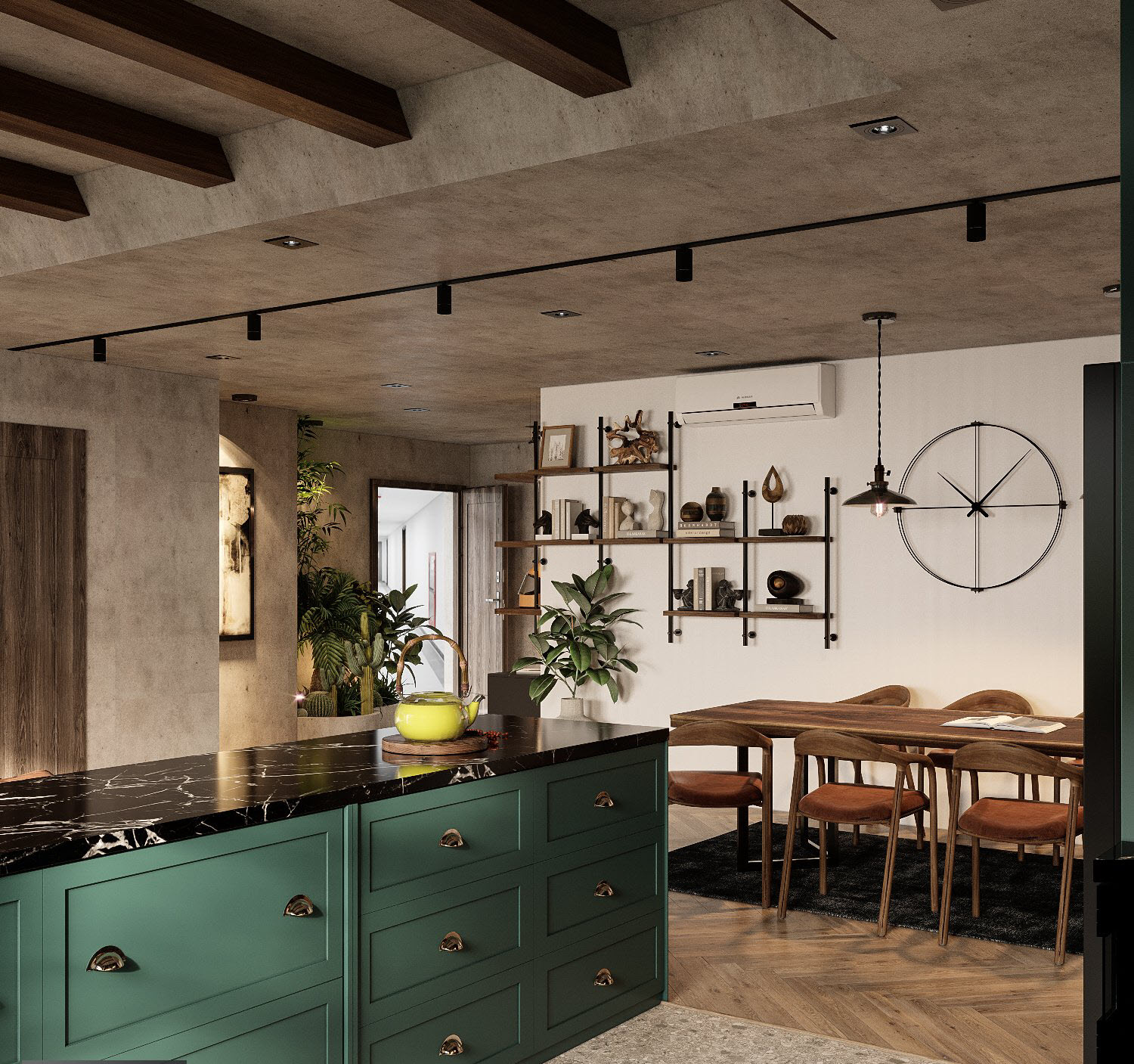 Phòng ăn trong căn hộ 150m2 được định vị bởi những bức tường trắng tinh khôi, nhấn nhá giá kệ lưu trữ kiêm chức năng trang trí.