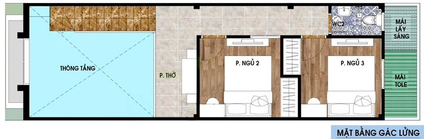 Mặt bằng bố tr&iacute; nội thất g&aacute;c lửng nh&agrave; cấp 4