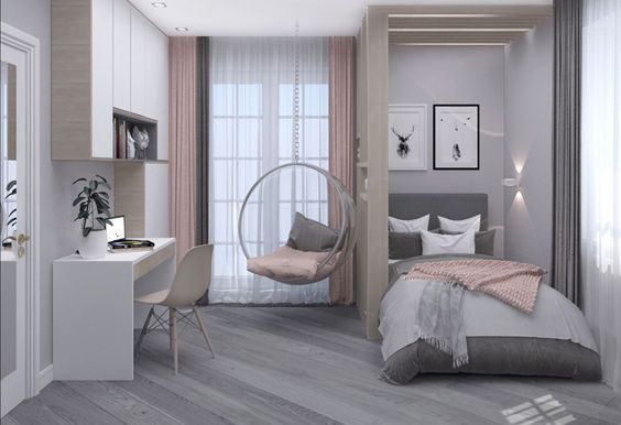 Ph&ograve;ng ngủ, g&oacute;c học tập v&agrave; thư gi&atilde;n cho con g&aacute;i được t&iacute;ch hợp gọn đẹp, b&agrave;i tr&iacute; khoa học trong c&ugrave;ng một căn ph&ograve;ng.