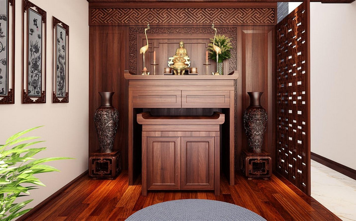 Ph&ograve;ng thờ phong c&aacute;ch truyền thống với lối b&agrave;i tr&iacute; đối xứng h&agrave;i h&ograve;a.