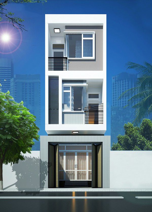 Phối cảnh 3D mẫu nh&agrave; ống 3 tầng phong c&aacute;ch hiện đại
