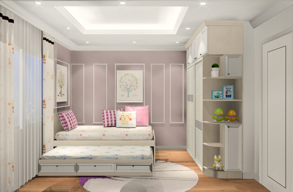 Mẫu thiết kế ph&ograve;ng ngủ cho con g&aacute;i với bảng m&agrave;u trung t&iacute;nh thanh lịch, nhẹ nh&agrave;ng. Ga gối họa tiết, m&agrave;u sắc tạo điểm nhấn sinh động.