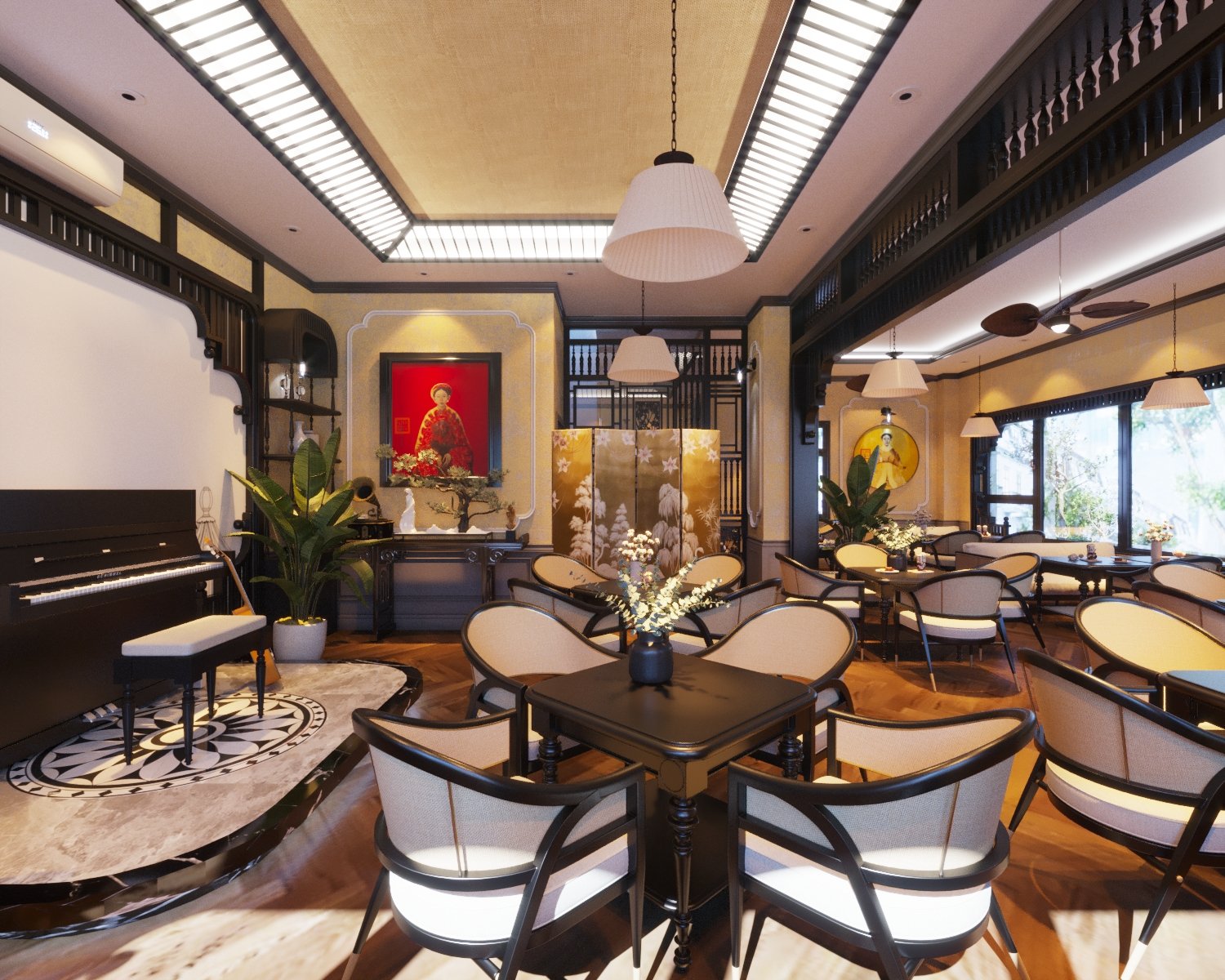 Kh&ocirc;ng gian qu&aacute;n c&agrave; ph&ecirc; gợi nhớ những ng&ocirc;i nh&agrave; xưa với tường v&agrave;ng, nội thất gỗ mộc mạc.