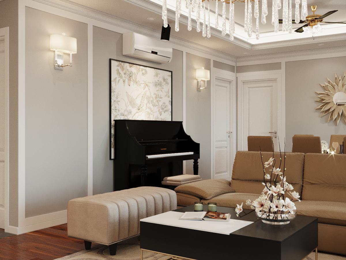 Trong không gian sinh hoạt chung, nhà thiết kế khéo léo bài trí góc thư giãn gọn xinh với đàn piano và bức tranh treo tường họa tiết gợi mùa xuân tràn đầy sức sống.