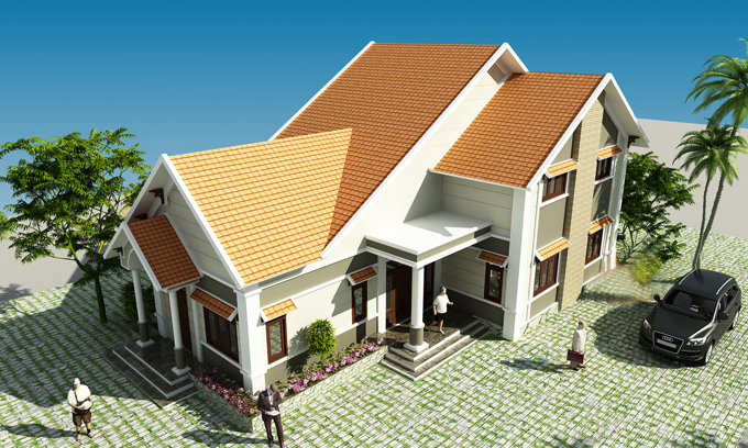 Phối cảnh 3D mẫu nhà vườn 2 tầng mái Thái