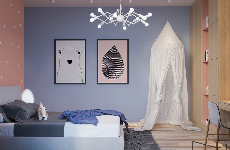 Phòng ngủ bé gái màu xanh lam Màu xanh bụi mang lại cảm giác bình yên, thư thả cho phòng ngủ con gái.