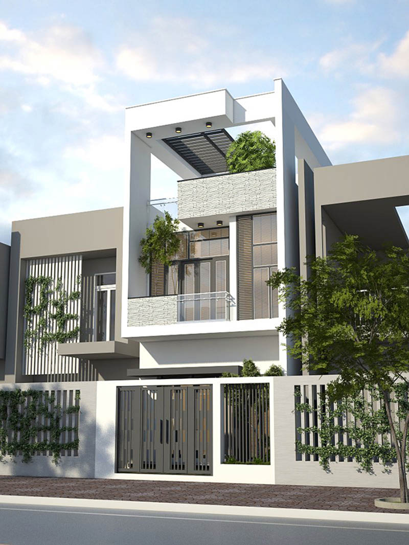 Phối cảnh 3D mẫu nh&agrave; ống 2 tầng 1 tum hiện đại