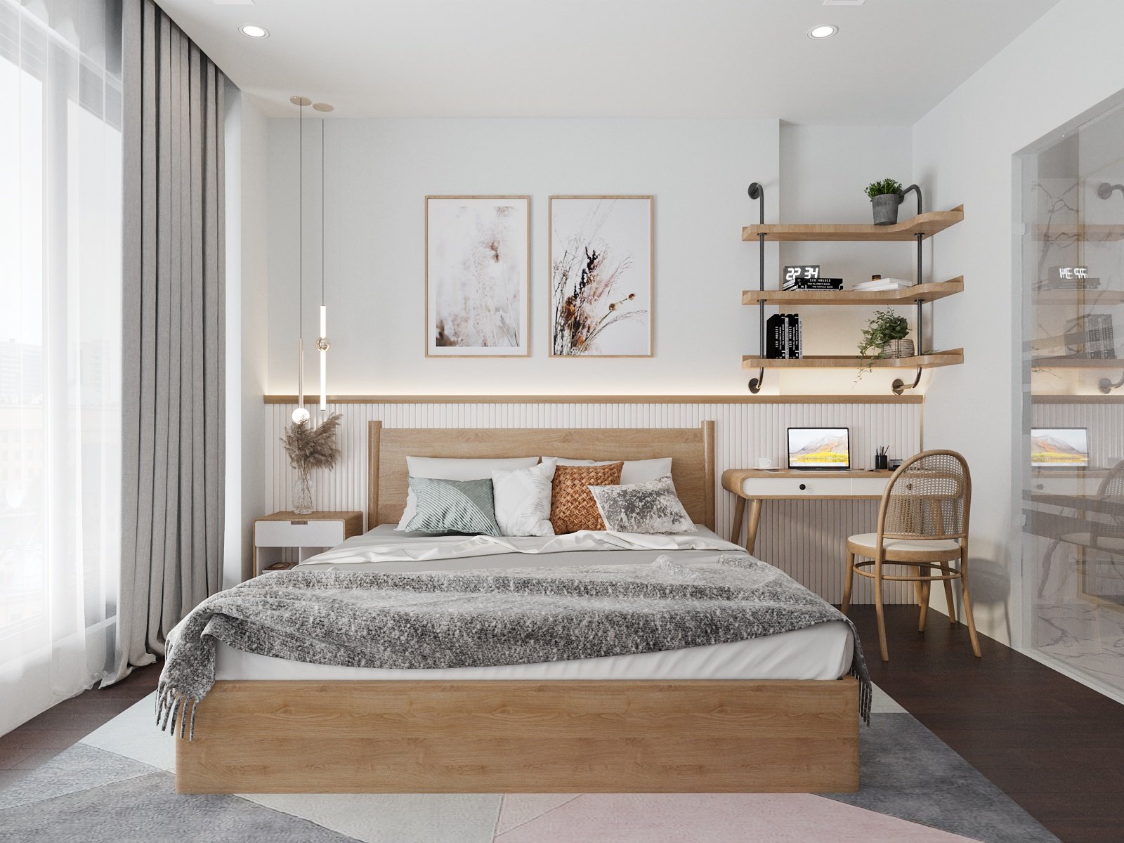 Ph&ograve;ng ngủ thứ hai trong căn Duplex được thiết kế theo phong c&aacute;ch hiện đại nhẹ nh&agrave;ng, sử dụng t&ocirc;ng m&agrave;u trắng v&agrave; nội thất gỗ chủ đạo.