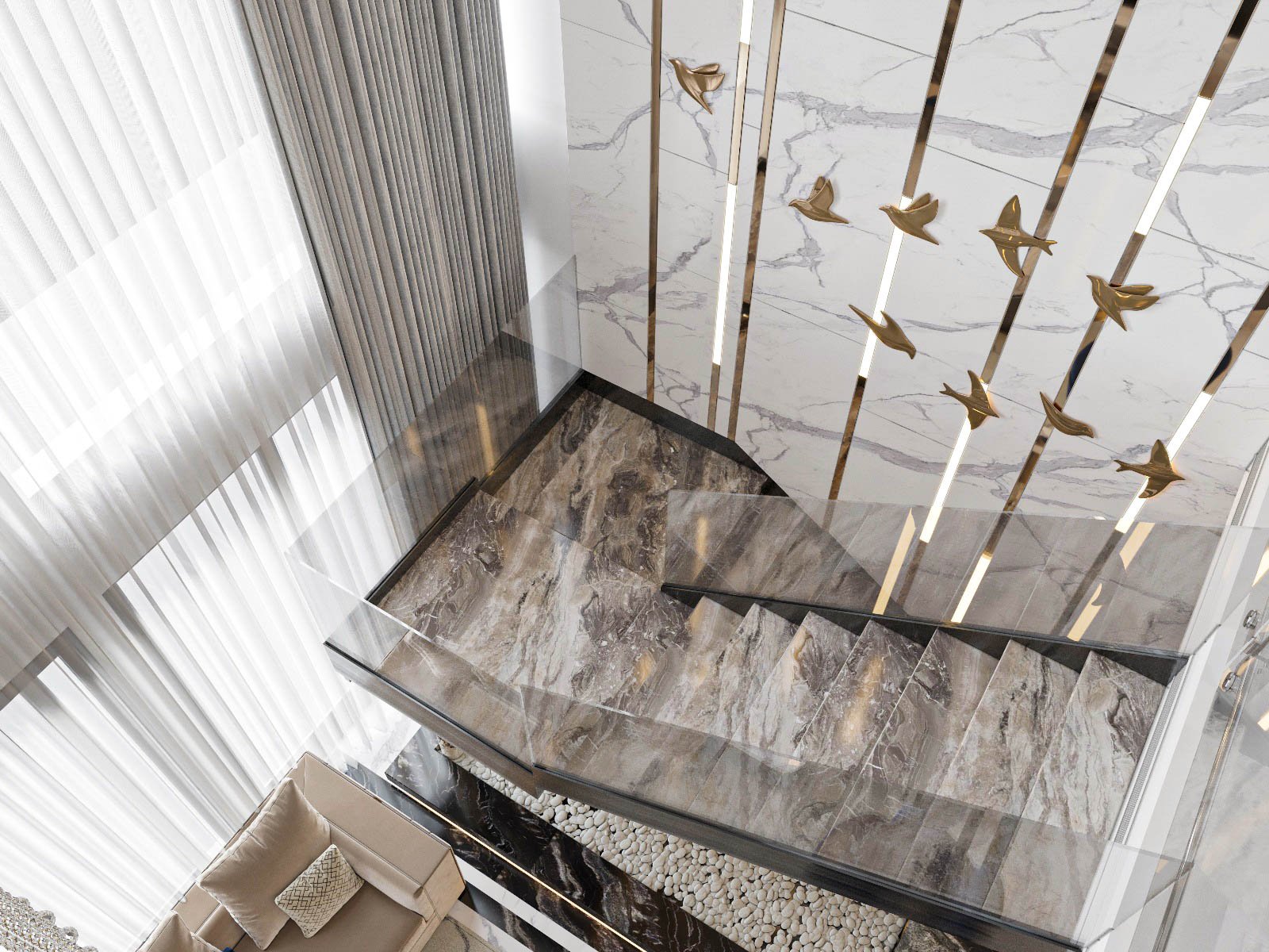 Cầu thang dẫn lối l&ecirc;n tầng tr&ecirc;n căn hộ Duplex được decor ấn tượng với h&igrave;nh ảnh đ&agrave;n &eacute;n chao lượn, sải c&aacute;nh tr&agrave;n đầy sức sống