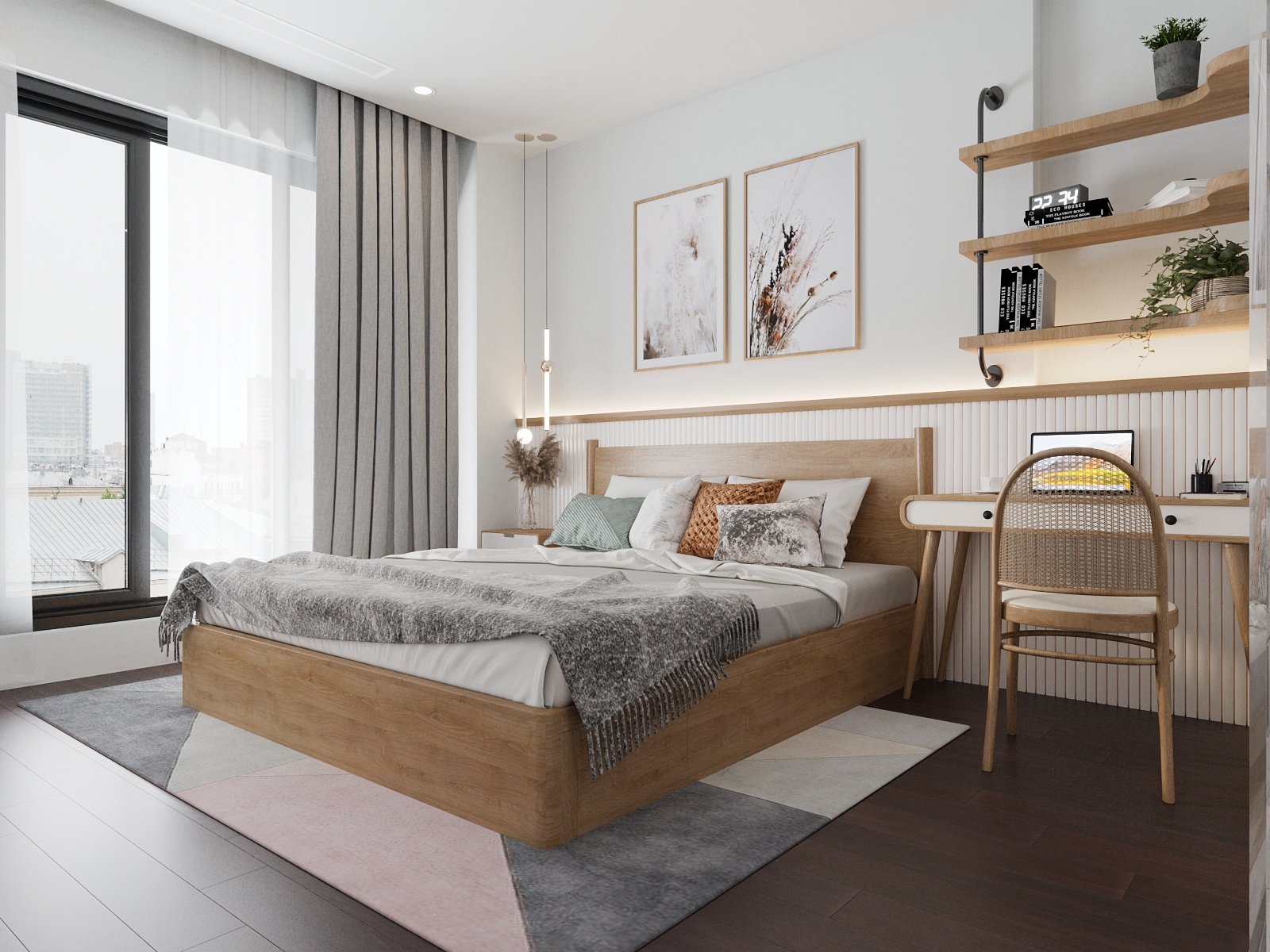 Nội thất gỗ kiểu dáng thanh thoát, gọn nhẹ với bảng màu trung tính tinh tế góp phần tạo cảm giác thư giãn, thoải mái cho gia chủ nghỉ ngơi sau những giờ làm việc vất vả.