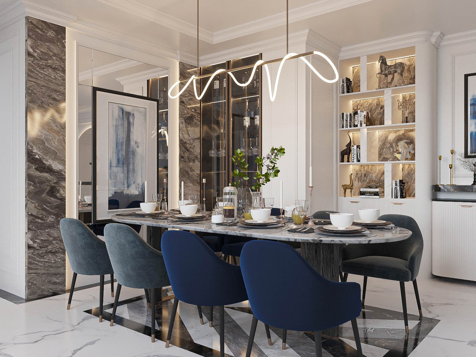 to&agrave;n cảnh ph&ograve;ng ăn căn hộ Duplex với ghế m&agrave;u xanh dương, đ&egrave;n thả tinh tế.