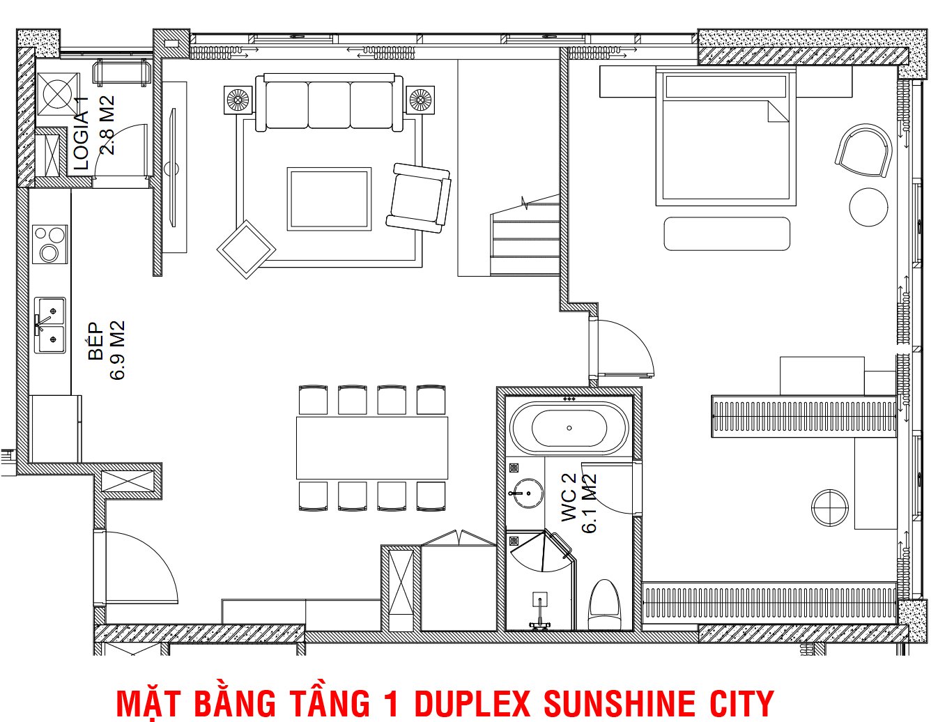 Mặt bằng bố tr&iacute; nội thất tầng 1 căn hộ Duplex
