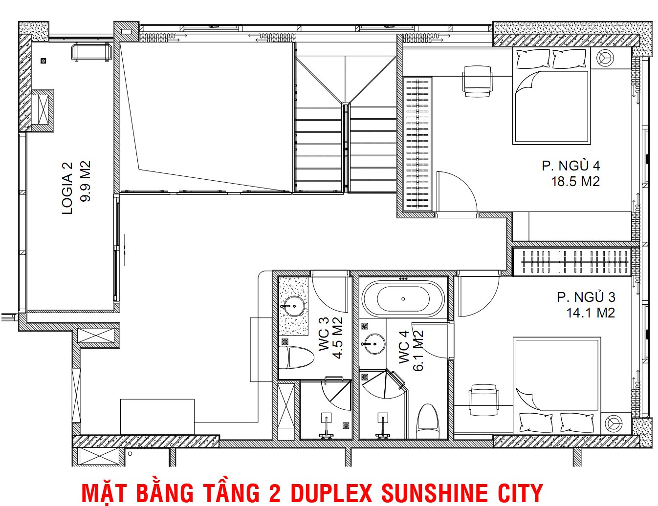 Mặt bằng bố tr&iacute; nội thất tầng 2 căn hộ Duplex