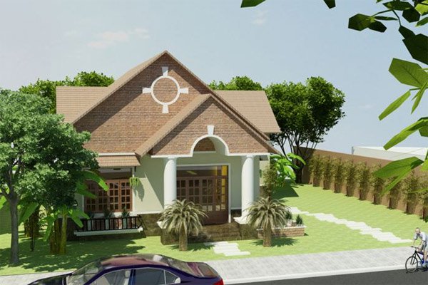 Mẫu nhà cấp 4 với phần mái lợp ngói và ốp đá màu nâu tạo cảm giác thân thiện