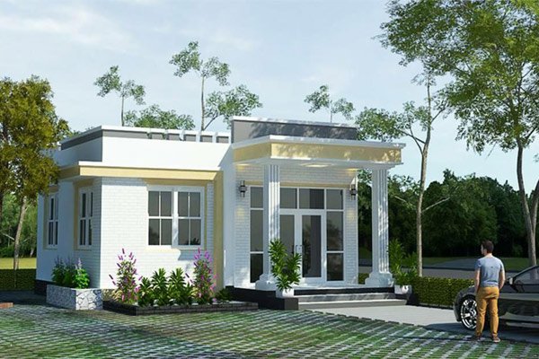 Một mẫu nhà cấp 4 mái bằng khác mà bạn có thể tham khảo. Sơn tường màu trắng kết hợp ăn ý cùng hệ cửa kính tạo nên diện mạo hiện đại cho công trình.