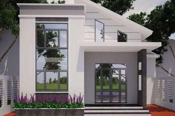 Mặt tiền nhà cấp 4 mái lệch tông màu trung tính kết hợp cùng vật liệu gương kính mang lại vẻ đẹp hiện đại, thanh lịch cho ngoại thất công trình.