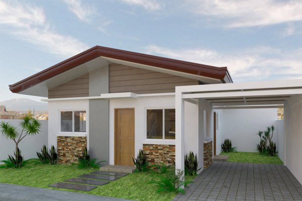 Ở mẫu nhà này, kiến trúc sư dành một phần diện tích để bố trí gara ô tô có mái che ở bên hông nhà. Cùng với đó là khoảng sân trước nhỏ xinh, xanh mát.