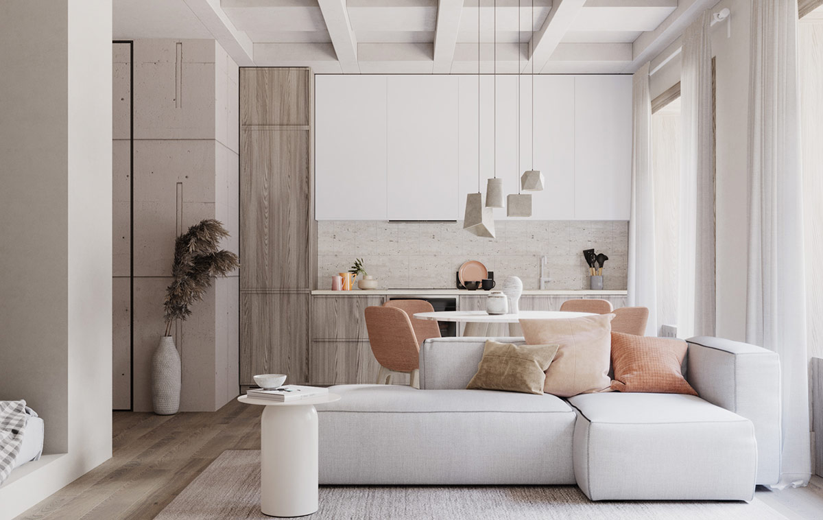 to&agrave;n cảnh ph&ograve;ng kh&aacute;ch, b&agrave;n ăn, bếp trong căn hộ nhỏ