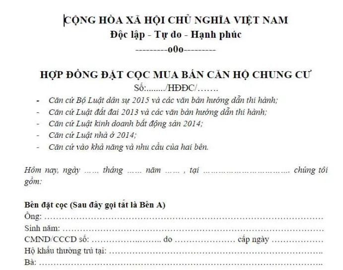 Hình ảnh mẫu hợp đồng đặt cọc mua nhà chung cư