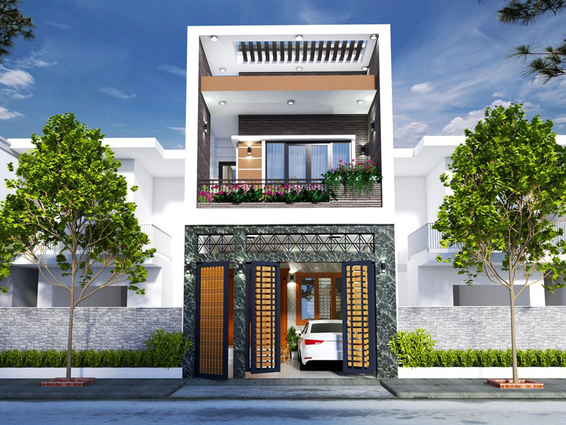 Phối cảnh 3D mẫu nhà ống 2 tầng tiện nghi, phong cách hiện đại
