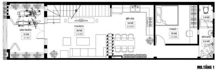Mặt bằng thiết kế tầng 1 nhà phố hiện đại