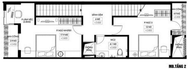 Mặt bằng bố trí nội thất tầng 2 nhà phố