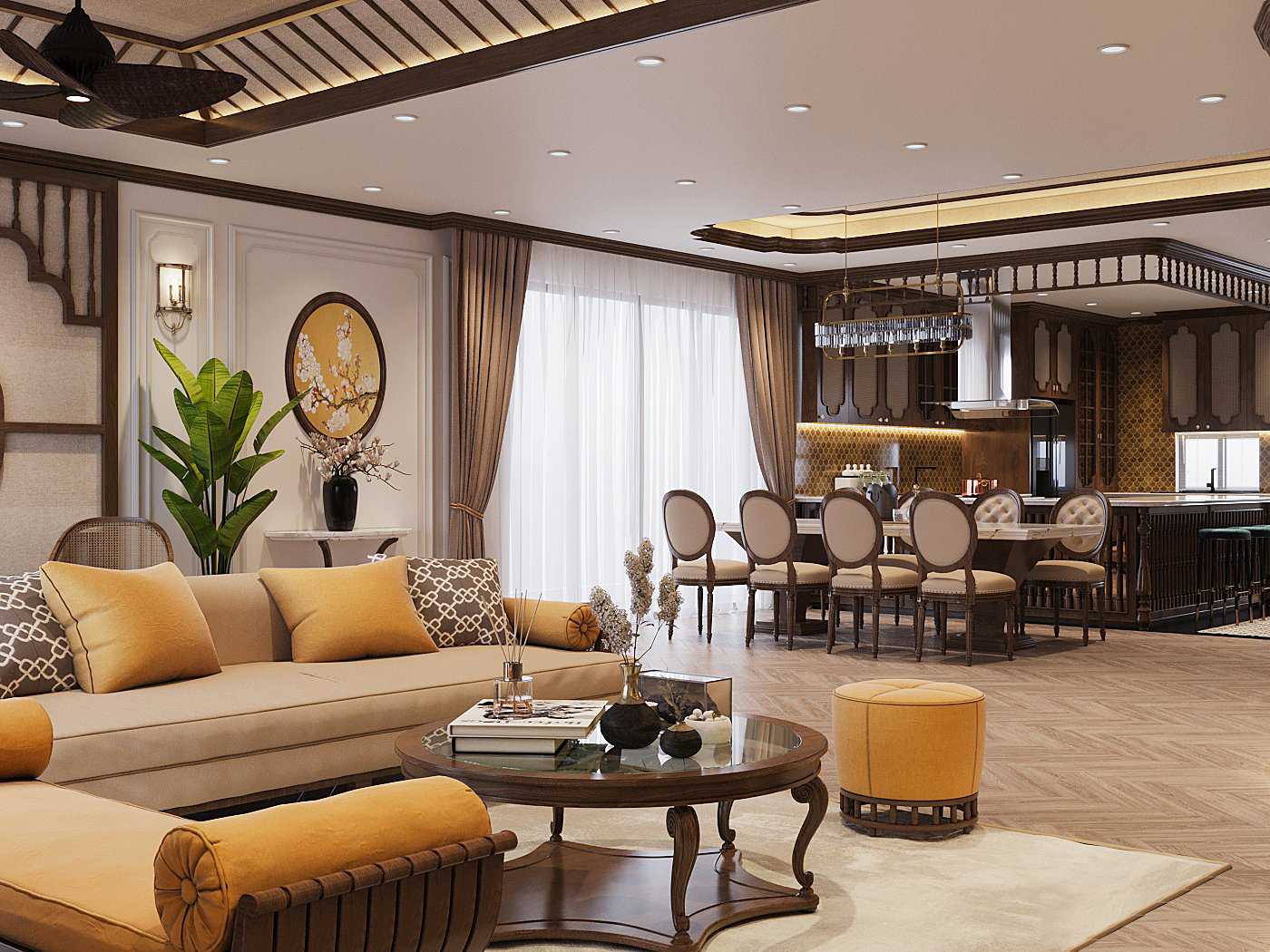 Không gian sinh hoạt rộng lớn nhưng không hề bị "loãng" bởi thiết kế nội thất thông minh, phối kết ăn ý giữa các tông màu và vật liệu trang trí.