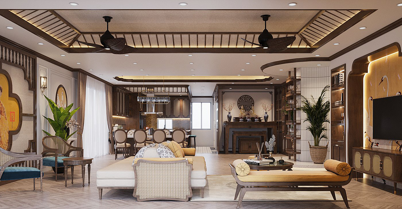 Không gian sinh hoạt chung của gia đình chị Hương được thiết kế trên cùng một mặt sàn rộng rãi, ngập tràn ánh sáng tự nhiên.