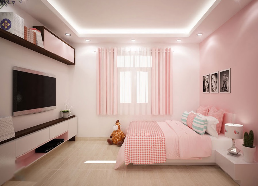 Phòng con gái với tông hồng phấn nhẹ nhàng, tinh tế.