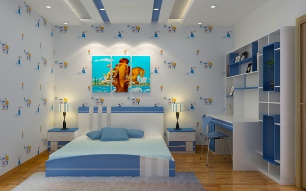 Không gian riêng của cậu con trai được trang trí với tông màu xanh dương - trắng kết hợp hài hòa. Tranh tường ngộ nghĩnh, phù hợp với độ tuổi của trẻ.