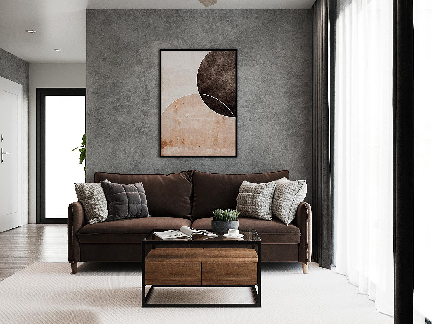 Ghế sofa t&ocirc;ng m&agrave;u n&acirc;u trầm kết hợp ăn &yacute; với b&agrave;n tr&agrave; gỗ - kim loại v&agrave; tranh treo tường nghệ thuật. Tất cả đều nổi bật ở mức vừa phải tr&ecirc;n ph&ocirc;ng nền m&agrave;u x&aacute;m b&ecirc; t&ocirc;ng chủ đạo.