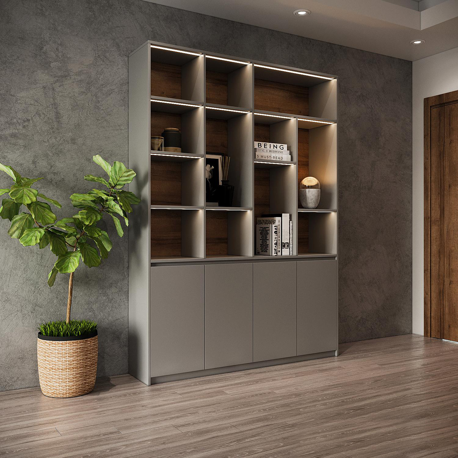 Lối v&agrave;o căn hộ nổi bật với tủ lưu trữ m&agrave;u x&aacute;m c&ugrave;ng t&ocirc;ng m&agrave;u của tường, tương phản với chậu cảnh xanh tốt đặt gọn g&agrave;ng b&ecirc;n cạnh. 