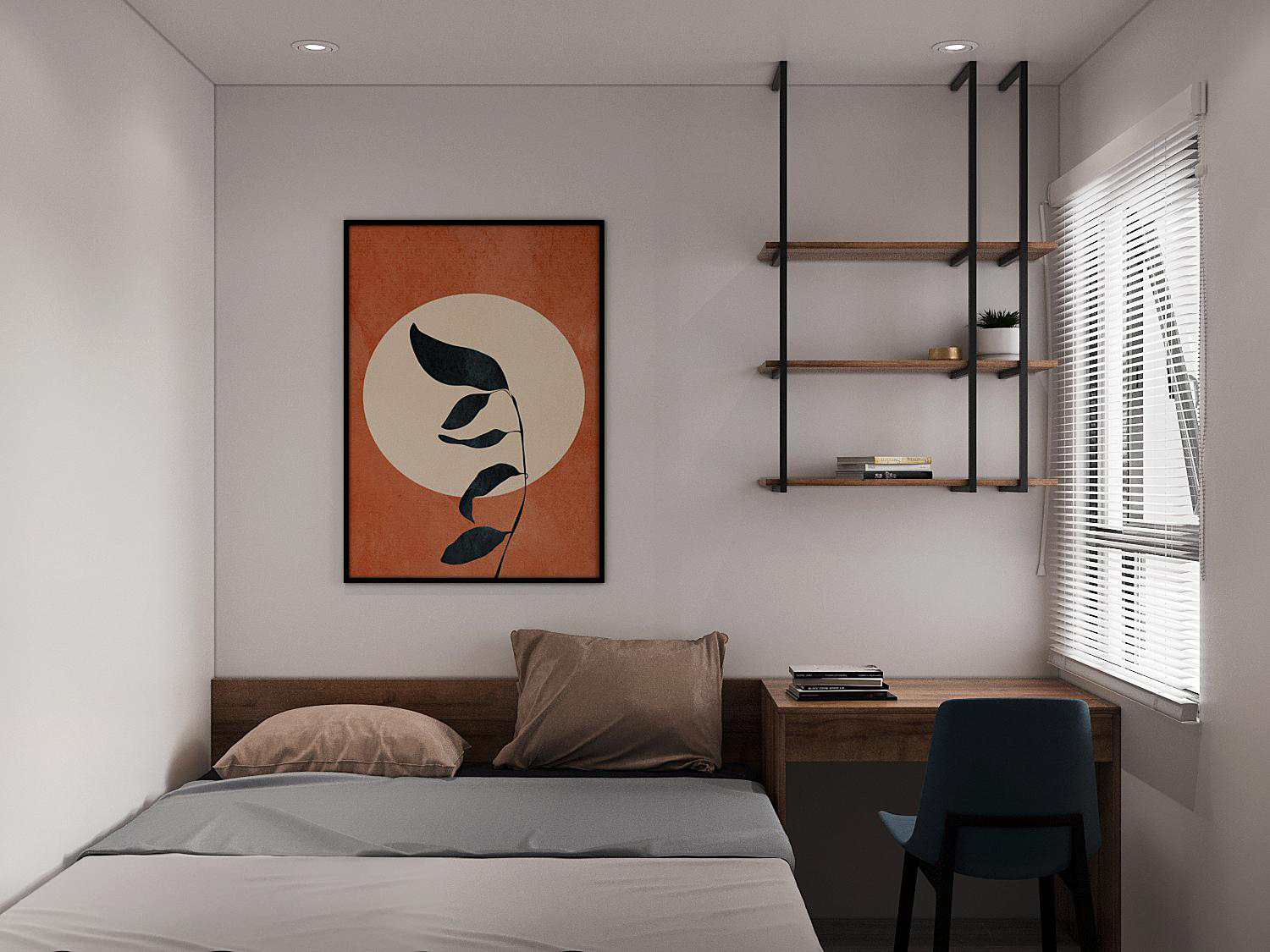 Một ph&ograve;ng ngủ kh&aacute;c trong căn hộ 63m2 với thiết kế nội thất tương tự. Tranh tường m&agrave;u cam, họa tiết h&igrave;nh tr&ograve;n trung t&acirc;m tạo điểm nhấn h&uacute;t mắt.
