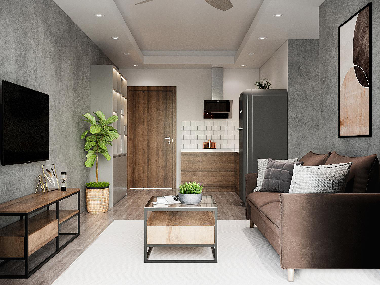 Kh&ocirc;ng gian kh&aacute;ch - bếp được thiết kế li&ecirc;n th&ocirc;ng, kế cận nhau nhưng vẫn đảm bảo sự ph&acirc;n t&aacute;ch nhất định nhờ c&aacute;ch b&agrave;i tr&iacute; nội thất, phối m&agrave;u tinh tế.